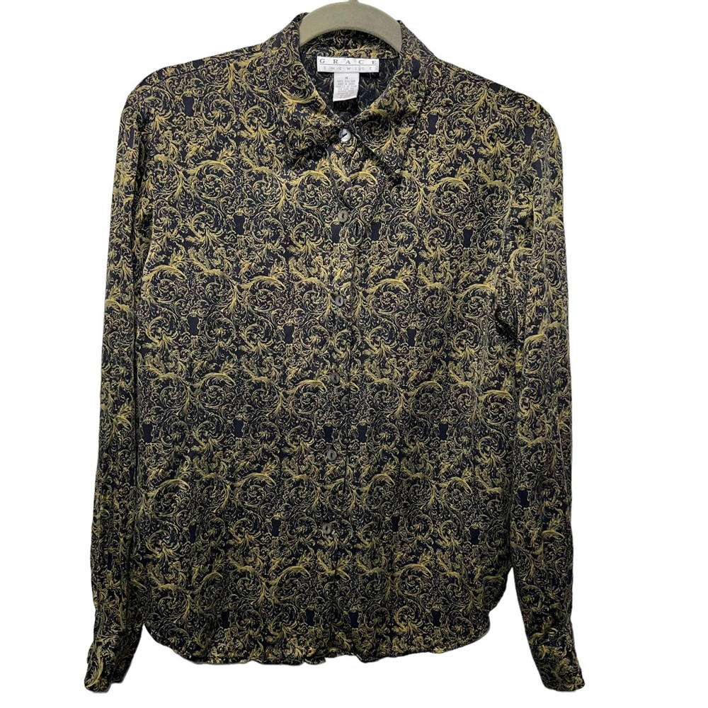GRACE CHEMISE Vtg Mafia Shirt crafted from 100% silk Abstract Button Down Blouse